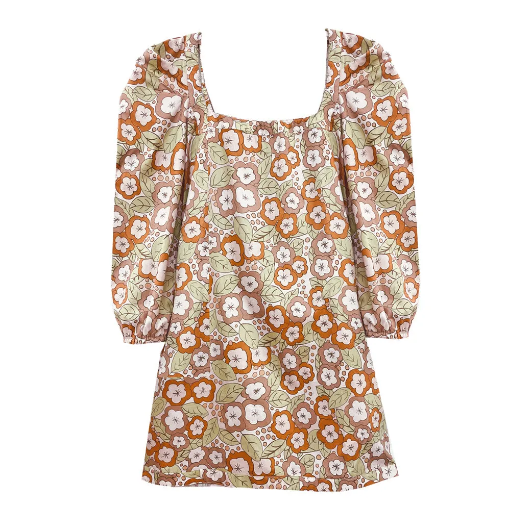 SAMPLE - Square Neck Mini Dress - 70's Floral - Final Sale