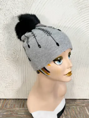 Snowflake Crystal Fur Pom Pom Beanie Hat, Light Grey