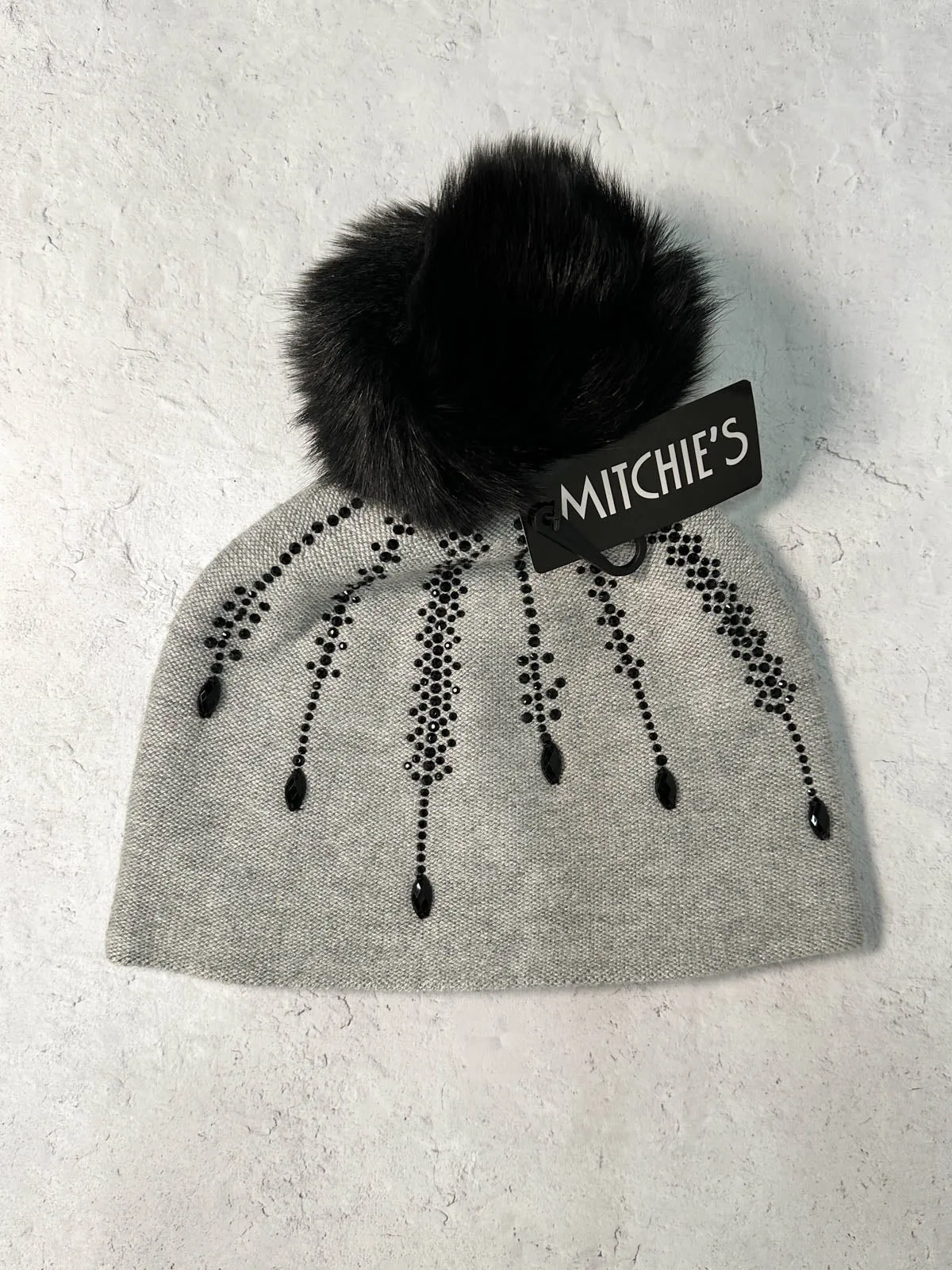 Snowflake Crystal Fur Pom Pom Beanie Hat, Light Grey