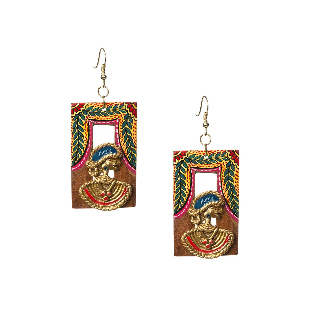 'Tribal Dhokra Leafy' Bohemian Earrings Handmade In Dhokra Art (Brass, Wood, 7.6 cm)