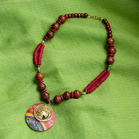 'Tribal Dhokra Maroon' Bohemian Brass Necklace Handmade In Dhokra Art (Brass, Wood, Bib)