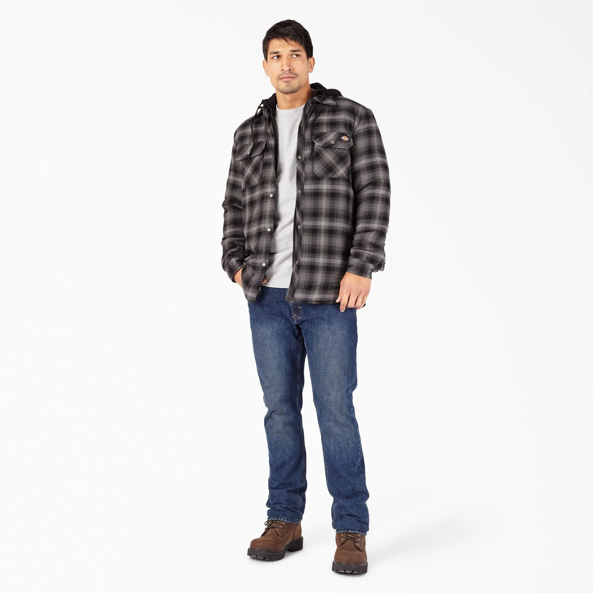 Water Repellent Flannel Hooded Shirt Jacket, Black Ombre Plaid