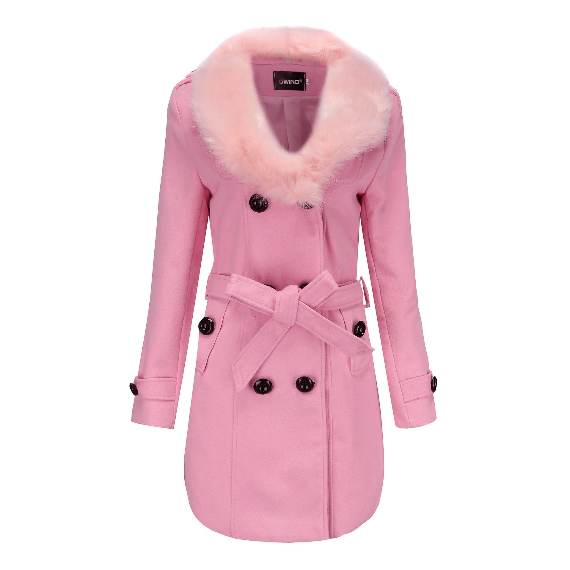 Women faux fur collar long sleeve waist strap double breasted coat