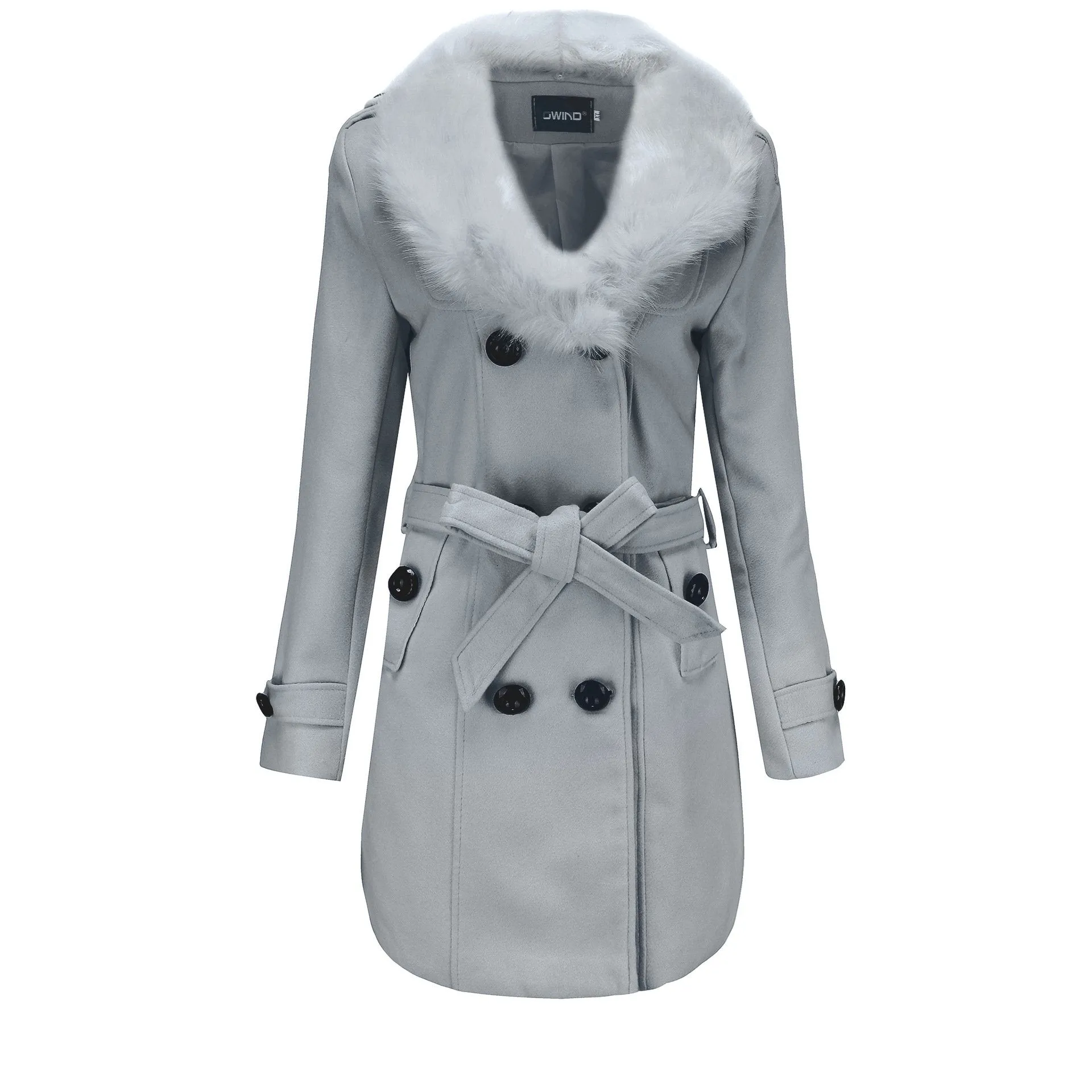 Women faux fur collar long sleeve waist strap double breasted coat