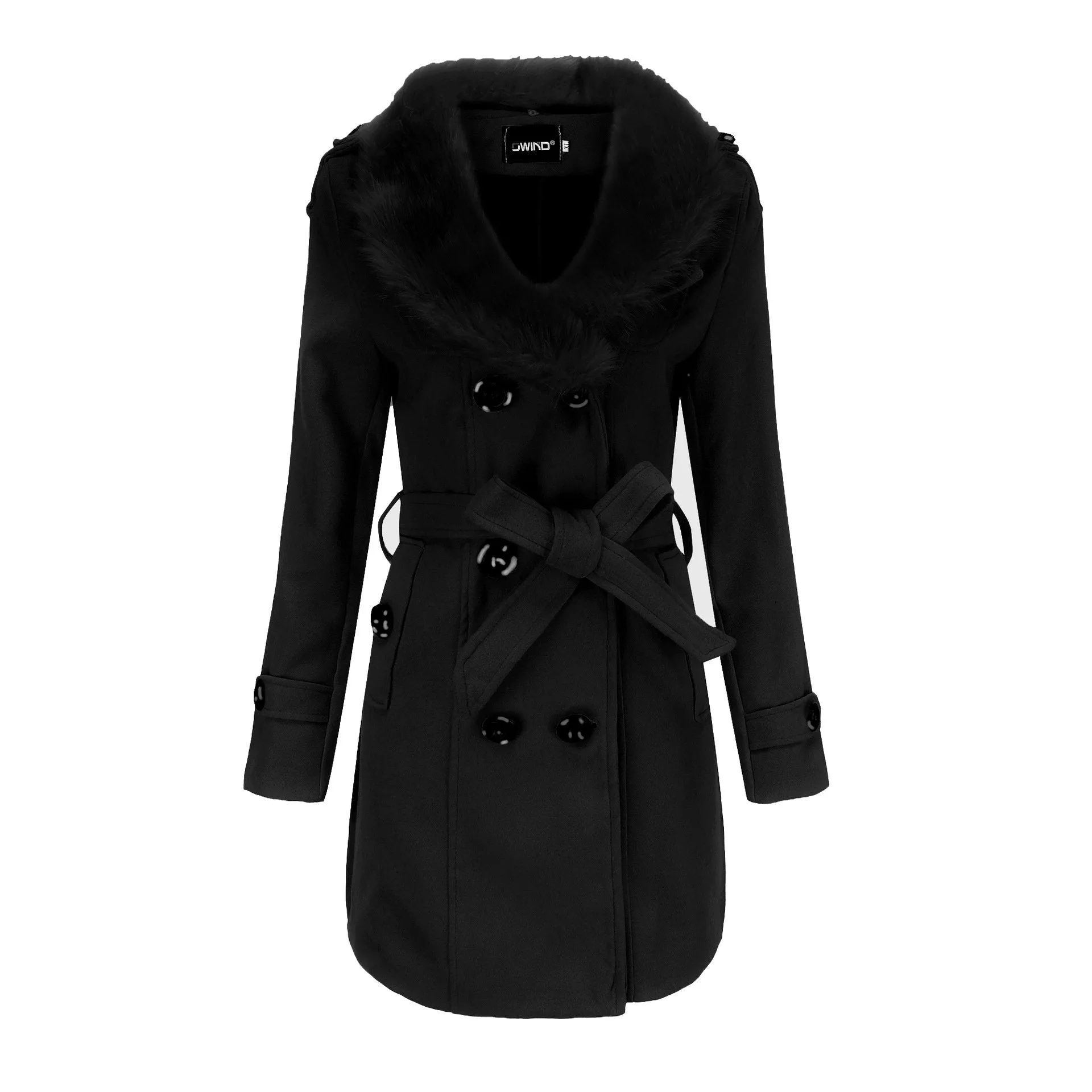 Women faux fur collar long sleeve waist strap double breasted coat