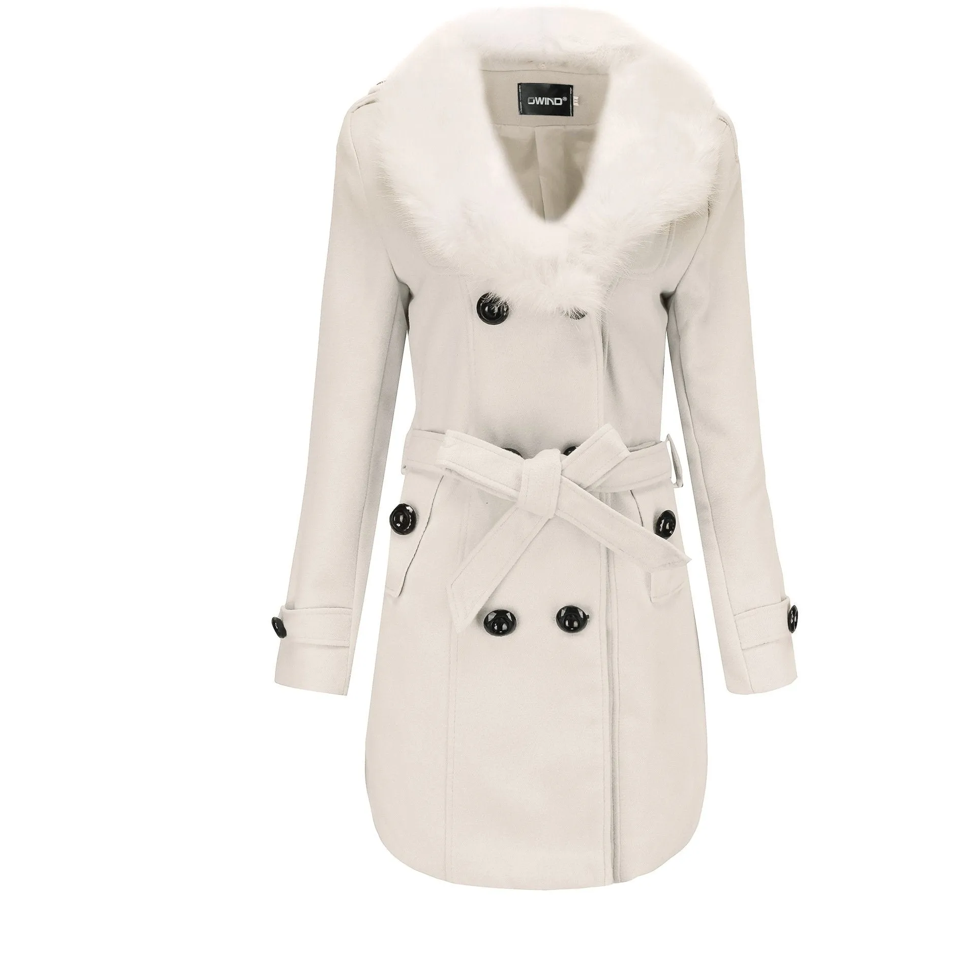 Women faux fur collar long sleeve waist strap double breasted coat