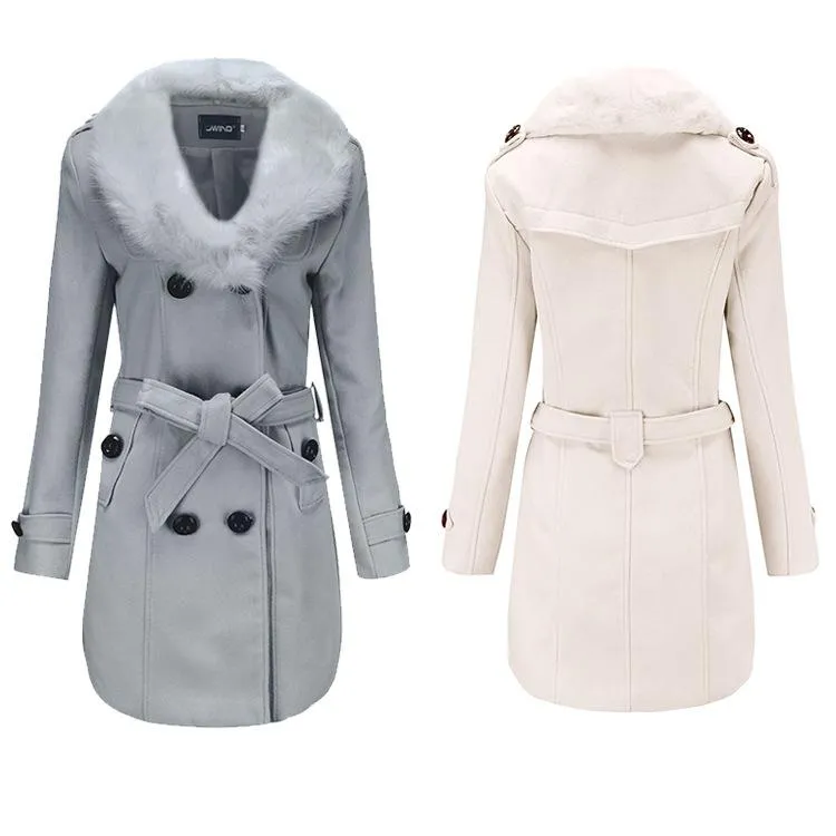 Women faux fur collar long sleeve waist strap double breasted coat