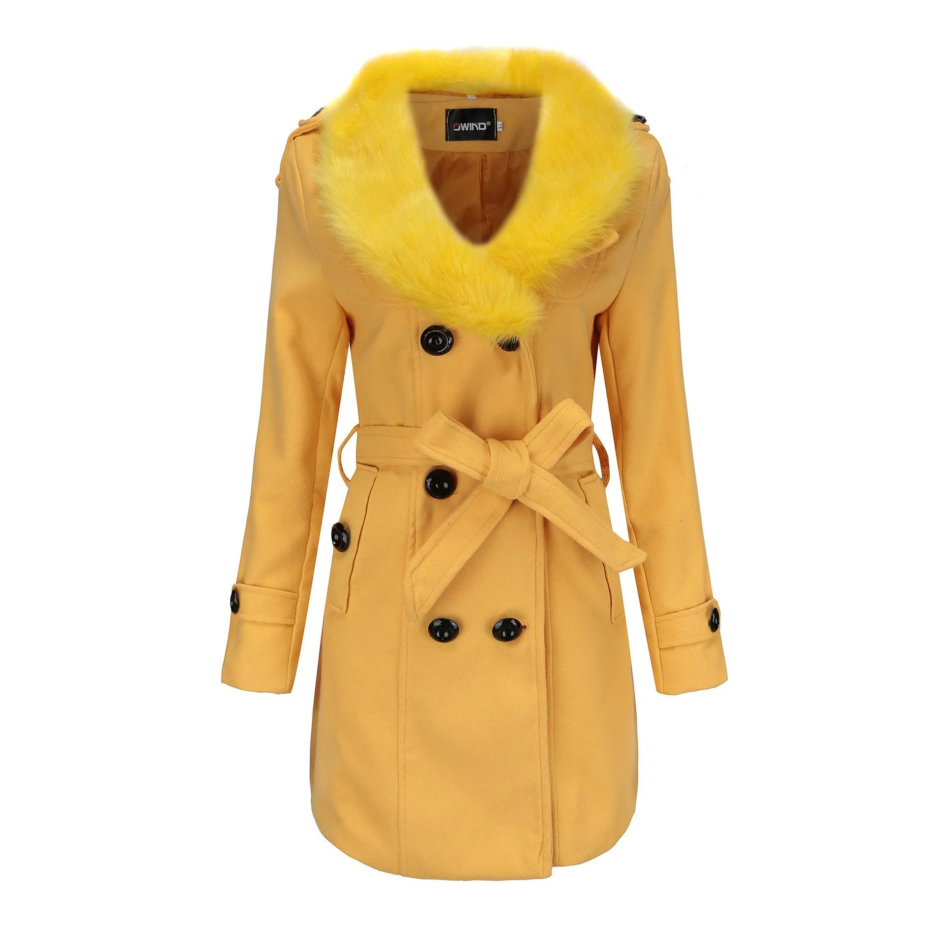 Women faux fur collar long sleeve waist strap double breasted coat