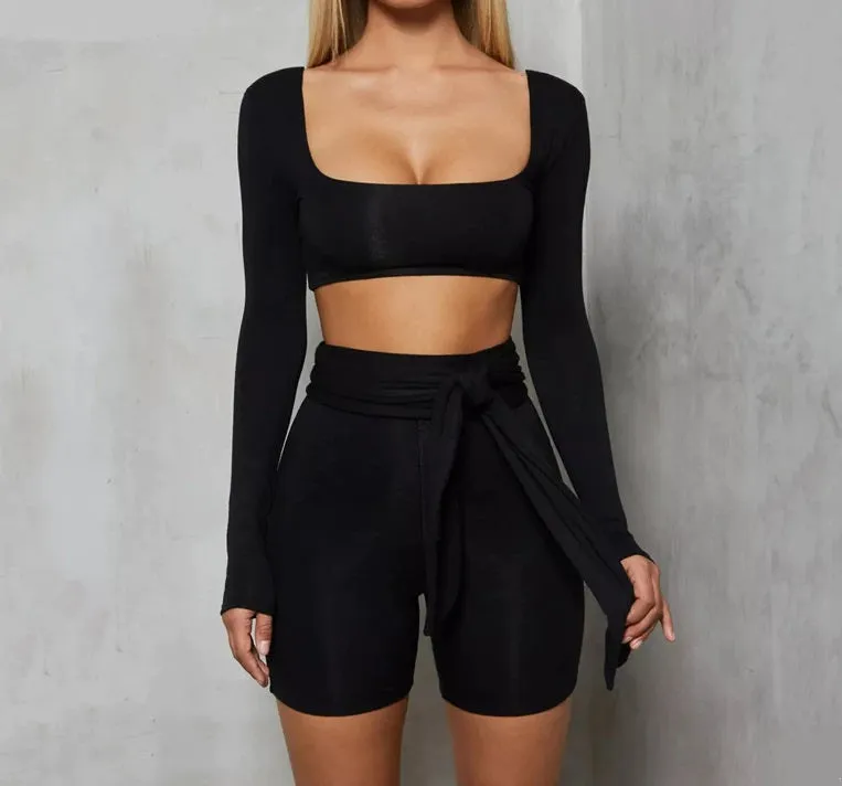 Womens Jumpsuit Two Piece Set Square Collar Bandage Short Playsuit