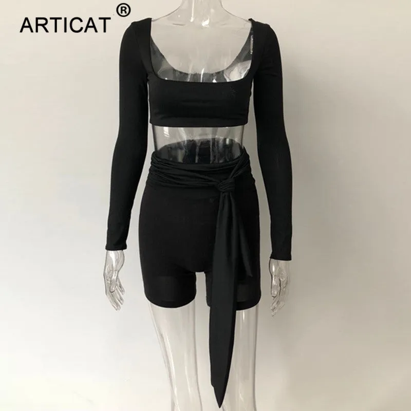 Womens Jumpsuit Two Piece Set Square Collar Bandage Short Playsuit